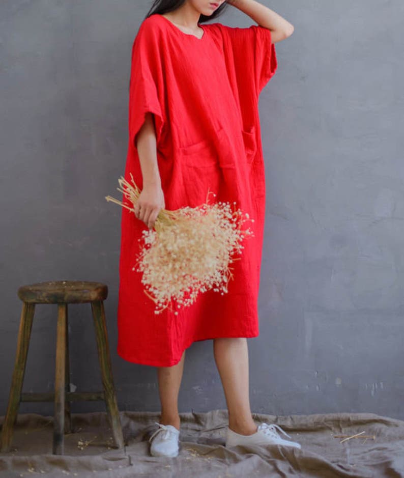 Loose Cotton Gauze Dress Soft Robes, Plus Size Dress, Puffy Sleeve Dress, Summer Dresses, Red Dress With Pockets image 2