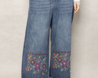 Embroidered Denim Pants Holiday Jeans Casual Pants, Harem Pants Wide Leg Pants With Rough Edge, Autumn Boho Pants Retro Trousers Women