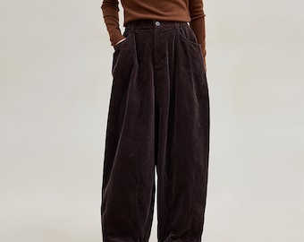 Natural Cotton Corduroy Wide Leg Pants, Vintage High Waist Casual Slouchy Trousers