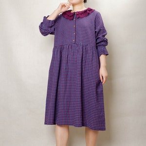 Women Purple Gingham Dress Lounge Wear Linen Caftan, Comfortable Dress Spring Linen Checkered Tunic Retro Dress, Garden Party Dress