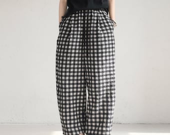 Linen Cotton Plaid Wide Leg Pants, Soft High Rise Elastic Waist Trousers