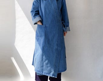 Oversized Vintage Denim Trench Coat: Women's Long Wrap Jacket
