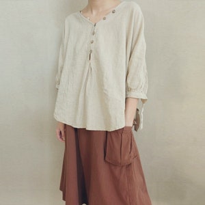 Linen Button Blouse Women, Asymmetrical Summer Top, Casual Loose Fit Lightweight Linen Shirt