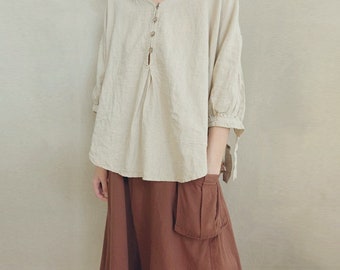 Women Simple Linen Summer Clothing Button Blouse Comfortable Linen Shirt, Summer T-shirt Asymmetrical Tops Linen Tunic