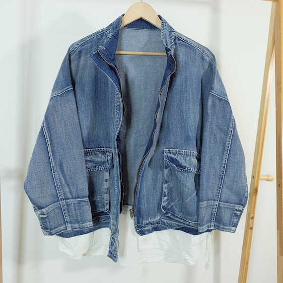 Layered Denim Jacket: Vintage Asymmetric Patchwork Cotton Coat