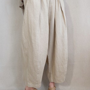 Soft Plain Pants Linen Capri Pants Elastic Waist Cotton Zen Pants Gifts For Her, Linen Harem Pants Summer Pants Wide Leg Pants With Pockets image 3