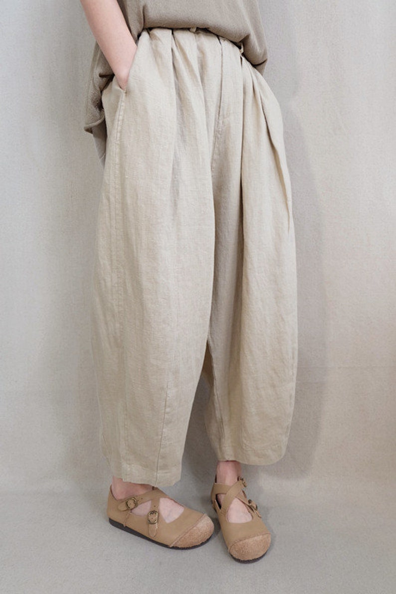 Soft Plain Pants Linen Capri Pants Elastic Waist Cotton Zen Pants Gifts For Her, Linen Harem Pants Summer Pants Wide Leg Pants With Pockets image 3