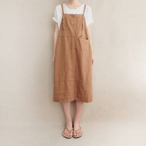 Women Comfortable Apron Tunic Strap Dress Cotton Casual Linen Dress Vest Dress Leisure Pinafore Dress image 1