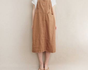 Women Comfortable Apron Tunic Strap Dress Cotton Casual Linen Dress Vest Dress Leisure Pinafore Dress