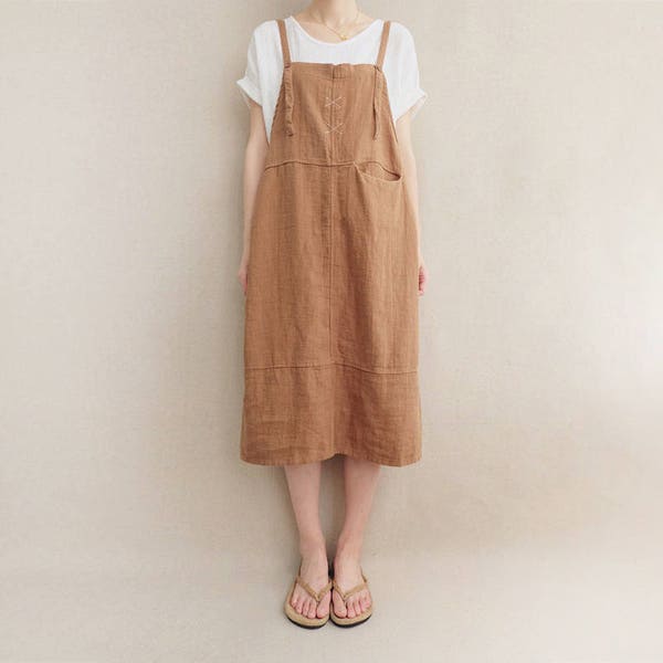 Women Comfortable Apron Tunic Strap Dress Cotton Casual Linen Dress Vest Dress Leisure Pinafore Dress