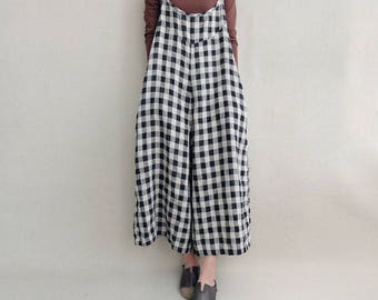 Women Leisure Plaid Linen Jumpsuits Linen Overalls, Comfortable Wide Leg Jumpsuits Loose Overalls Plus Size Clothing