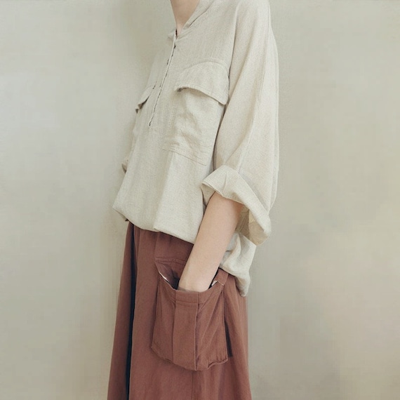 Handgemaakte dameskleding linnen blouse met capuchon katoenen vrijetijdsshirt asymmetrische linnen kleding comfortabele tuniek met zakken Etsy Nederland