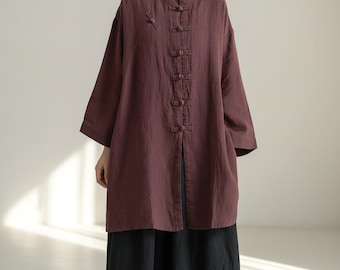 100% Linen Kimono Shirt, Zen Style Frog Button Top, Oversized Cardigan Blouse