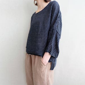 Comfortable Linen Blouse Stripe Linen Tops For Women, Summer Round Neck Blouse Soft Stripe T-shirt Asymmetrical Tops Loose Tunic Tops image 2