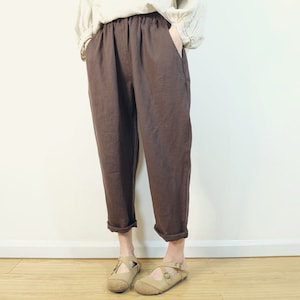 Casual Linen Pants, Handmade Soft Linen Capris Cropped Pants Gifts for Her, Cozy Pants Comfy Pants, Loose Elastic Waist Pants For Summer