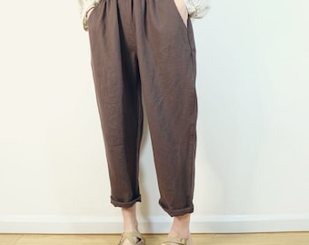 Casual Linen Pants, Handmade Soft Linen Capris Cropped Pants Gifts for Her, Cozy Pants Comfy Pants, Loose Elastic Waist Pants For Summer