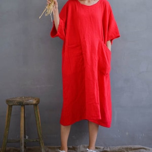 Loose Cotton Gauze Dress Soft Robes, Plus Size Dress, Puffy Sleeve Dress, Summer Dresses, Red Dress With Pockets image 4