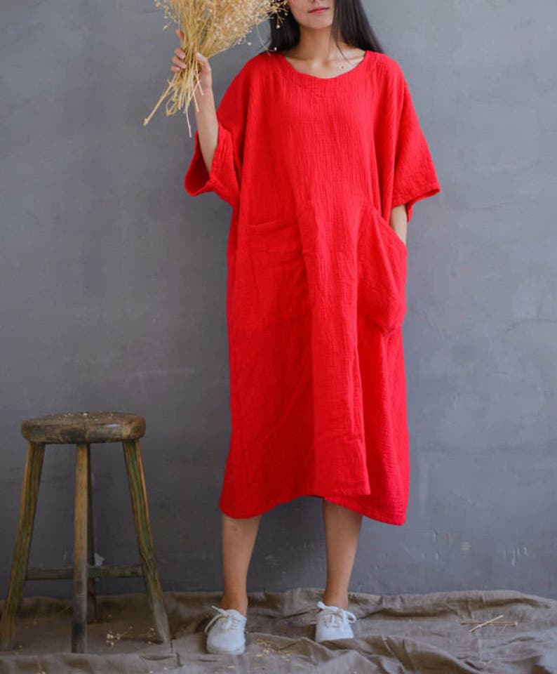 Loose Cotton Gauze Dress Soft Robes, Plus Size Dress, Puffy Sleeve Dress, Summer Dresses, Red Dress With Pockets image 4