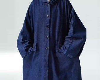 Vintage Hooded Denim Coat: Oversized Spring Cotton Jacket