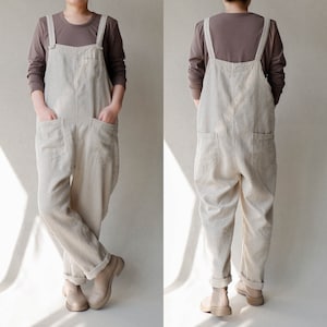 Linen Overalls For Women, Casual Linen Jumpsuits Garden Trousers With Pockets, Loungewear Harem Pants, Organaic Clothes Natural Linen Romper image 3