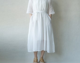 Handmade Embroidered Sewing Dress Loose Linen Maxi Dress, Hight Waist Dress With Pockets, Summer Holiday Dresses, White Dress With Belts