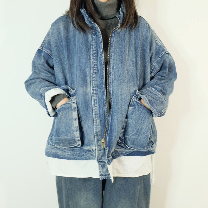 Layered Denim Jacket: Vintage Asymmetric Patchwork Cotton Coat