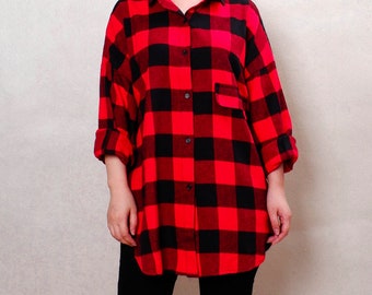 Women Spring Clothing Gingham Shirt Handmade Cotton Blouse Button T-shirt, Comfortable Plaid Tops Casual Red Grid T-shirt