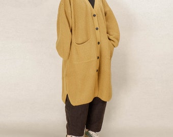 Cardigan in maglia di lana naturale: maglione oversize spesso con tasche