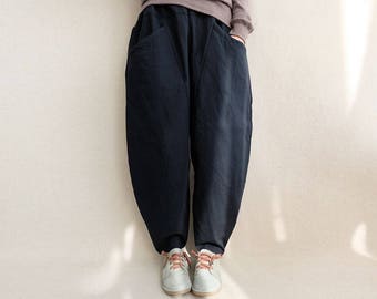 Women Vintage Pants Loose Harem Pants Cotton Thicken Elastic Waist Pants Wide Leg Pants Linen Casual Comfortable Crotch Pants With Pockets