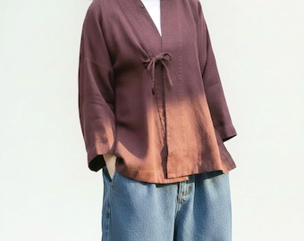 Linen Wrap Top, Tie Front Minimalist Cardigan, Loose Fit Shirt
