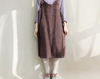 Comfortable Corduroy Strap Dress, Vintage Casual Dress Apron Tunic, Cotton Spring Corduroy Dress Adjustable Dress Pinafore Dress Women