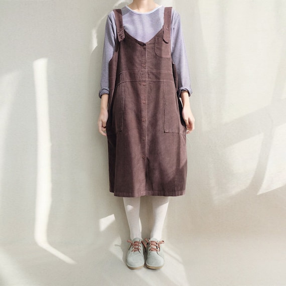 brown corduroy pinafore dress Brown Corduroy Pinafore Dress with White Ribbed Turtleneck Sweater Set, XL