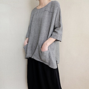 Gingham Linen Cotton Blend Top: Asymmetrical Plaid Shirt, Summer Loose Fit Blouse