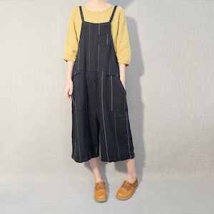 Leisure Stripe Linen Jumpsuits Women, Soft Cotton Overalls, Comfortable Wide Leg Pants Summer Casual Overalls Strap Bib With Pockets