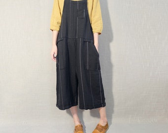 Leisure Stripe Linen Jumpsuits Women, Soft Cotton Overalls, Comfortable Wide Leg Pants Summer Casual Overalls Strap Bib With Pockets