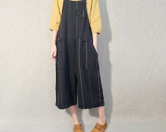 Freizeit-Streifen-Leinen-Overall-Frauen, weiche Baumwolle-Overalls, bequeme weite Bein-Hosen-Sommer-beiläufige Overalls-Bügel-Lätzchen mit Taschen