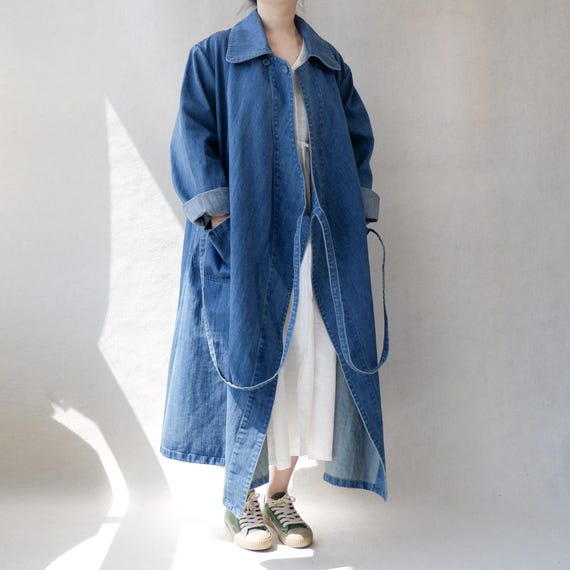 Oversized Vintage Denim Trench Coat: Women's Long Wrap