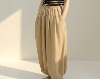 Linen Wide Leg Pants Women, Soft Casual Lantern Pants, Relaxed Trousers, Sand-wash Japanese-inspired Style