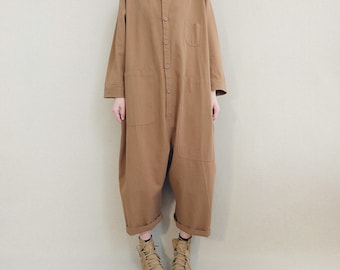 Robuste Baumwoll-Wickeloverall für Frauen, gewaschener und weicher einfacher Strampler, Freizeit-Baumwollknopf-Overall mit Taschen, Kimono-Hülsen-Jumpsuit