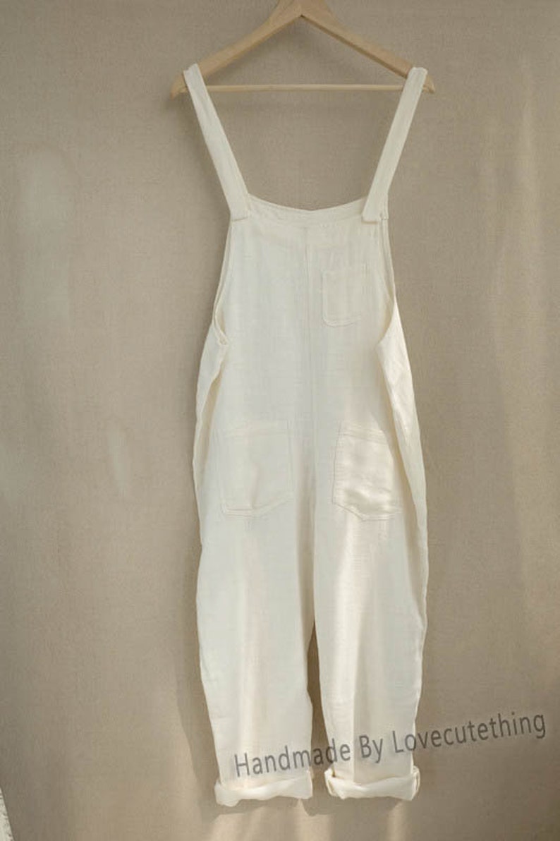 Women Cream White Dungarees Linen Overalls Spring Wear With Pockets, Customized Lightweight Jumpsuits Handmade Clothing By Lovecutething image 7