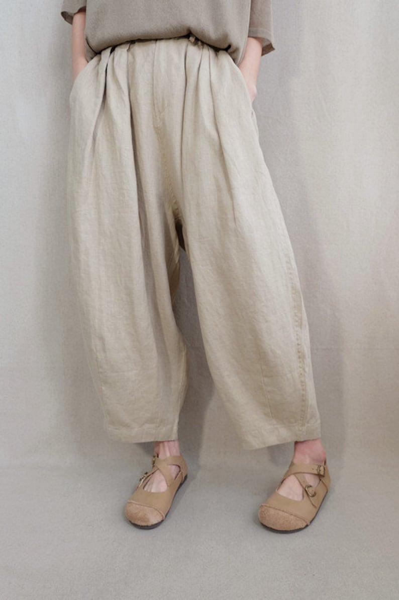 Soft Plain Pants Linen Capri Pants Elastic Waist Cotton Zen Pants Gifts For Her, Linen Harem Pants Summer Pants Wide Leg Pants With Pockets image 4