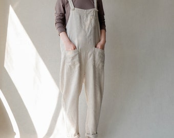 Linen Overalls For Women, Casual Linen Jumpsuits Garden Trousers With Pockets, Loungewear Harem Pants, Organaic Clothes Natural Linen Romper