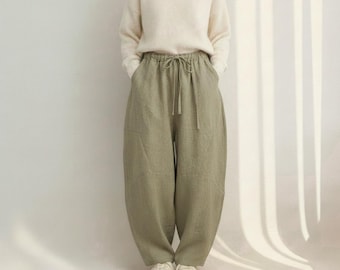 Hemp Blend Lantern Pants, Relaxed Harem Trousers, Eco Yarn-Dyed Linen Wide Leg Pants