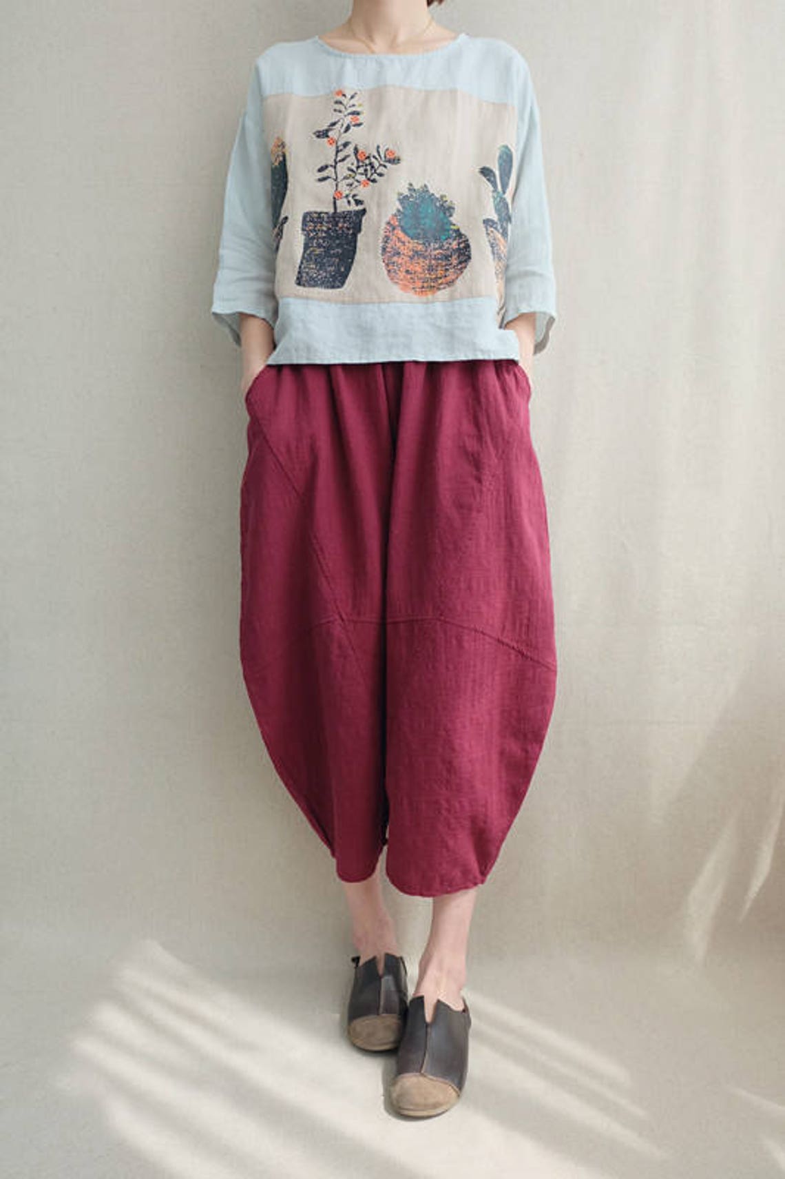 Women Calflength Pants Cotton Capri Pants Elastic Waist Linen Etsy