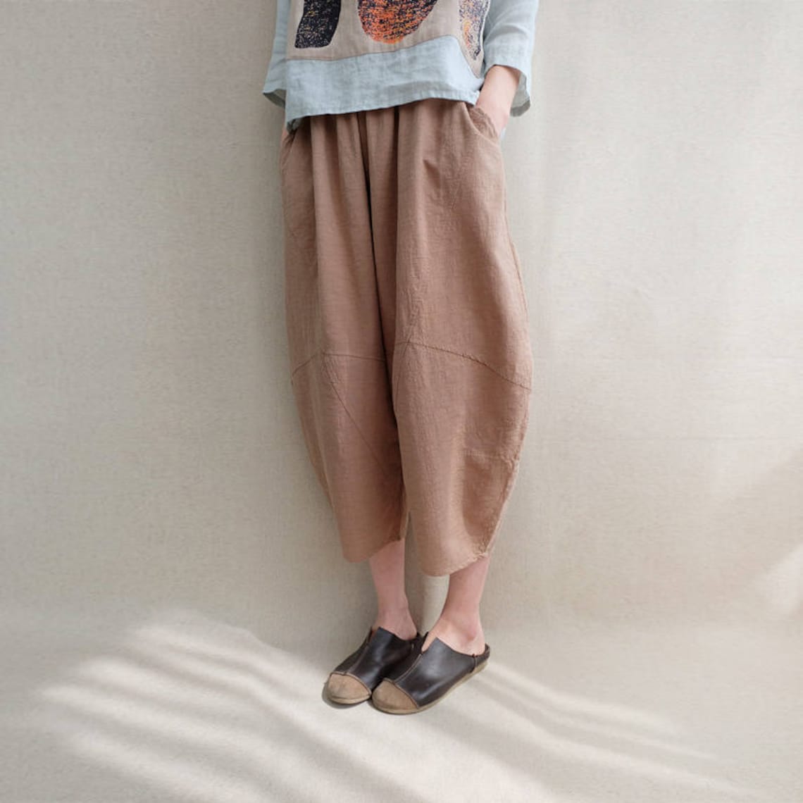 Women Calflength Pants Cotton Capri Pants Elastic Waist Linen Etsy