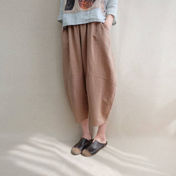 Women Calf-length Pants Cotton Capri Pants Elastic Waist Linen Zen