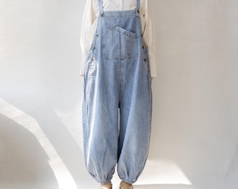 Blaue Denim-Latzhose: Vintage Distressed Baggy Jumpsuit, Lässige Loose Fit Latzhose mit weitem Bein