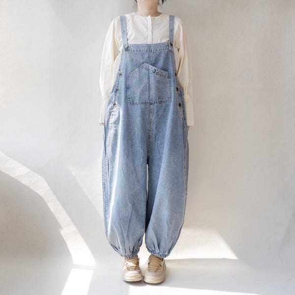 Blue Denim Overalls: Vintage Distressed Baggy Jumpsuit, Casual Loose Fit Wide Leg Bib Dungarees