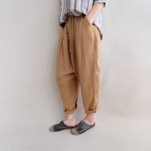 Natural Linen Tapered Pants Loose Harem Pants, Warm Cropped Trousers Casual Comfortable Pants, Baggy Pants Wide Leg Pants Ankle Pants Women