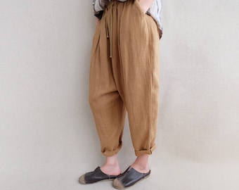 Natural Linen Tapered Pants Loose Harem Pants, Warm Cropped Trousers Casual Comfortable Pants, Baggy Pants Wide Leg Pants Ankle Pants Women